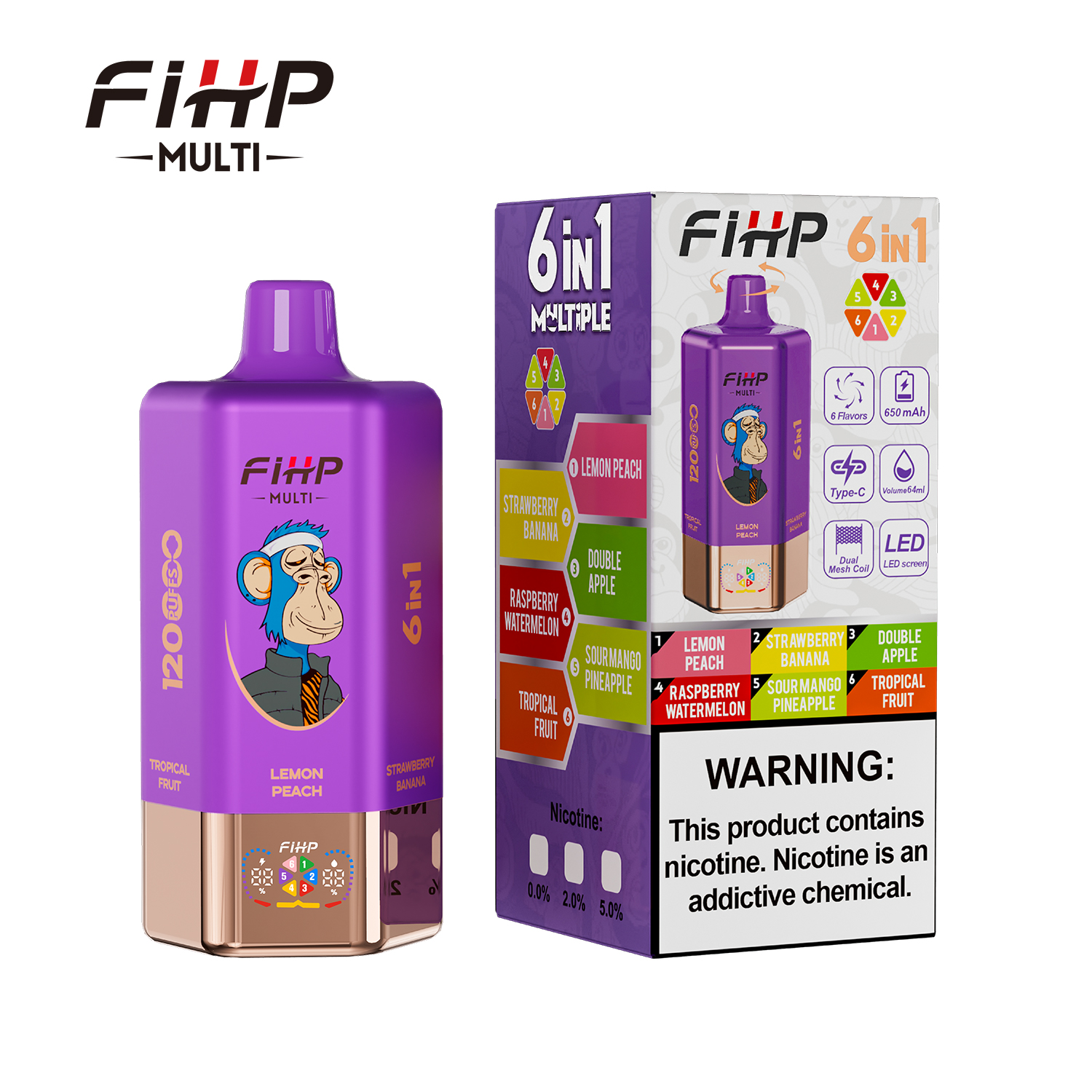 FIHP 120K 6-in-1 120000 Puffs 5% | Strawberry Banana&Double Apple&Raspberry Watermelon &Sour Mango Pineapple&Tropical Fruit&Lemon Peach - Buysnuseveryday