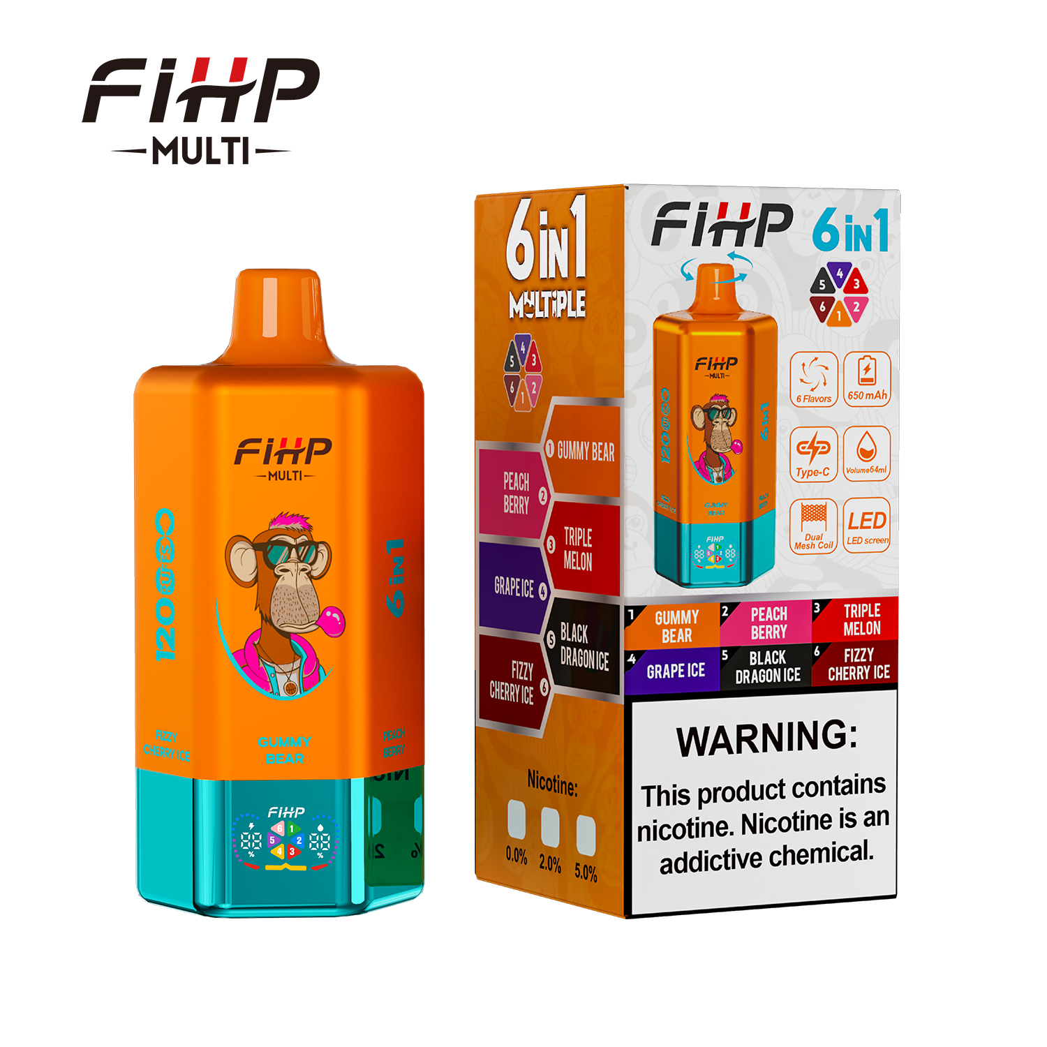 FIHP 120K 6-in-1 120000 Puffs 5% | Peach Berry&Triple Melon&Grape Ice &Black Dragon Ice&Fizzy Cherry Ice&Gummy Bear - Buysnuseveryday