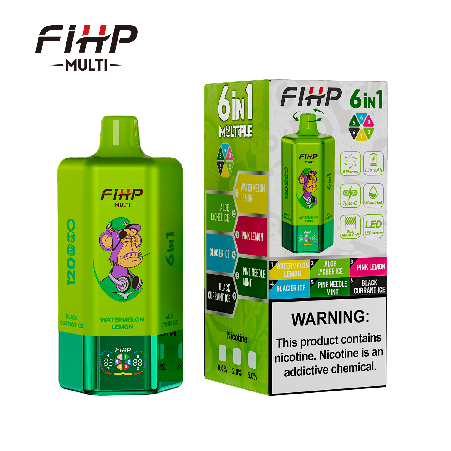 FIHP 120K 6-in-1 120000 Puffs 5% |Watermelon bubblegum &Pink Lemon&Glacier Ice &Orange soda&Black Currant Ice&Watermelon Lemon - Buysnuseveryday