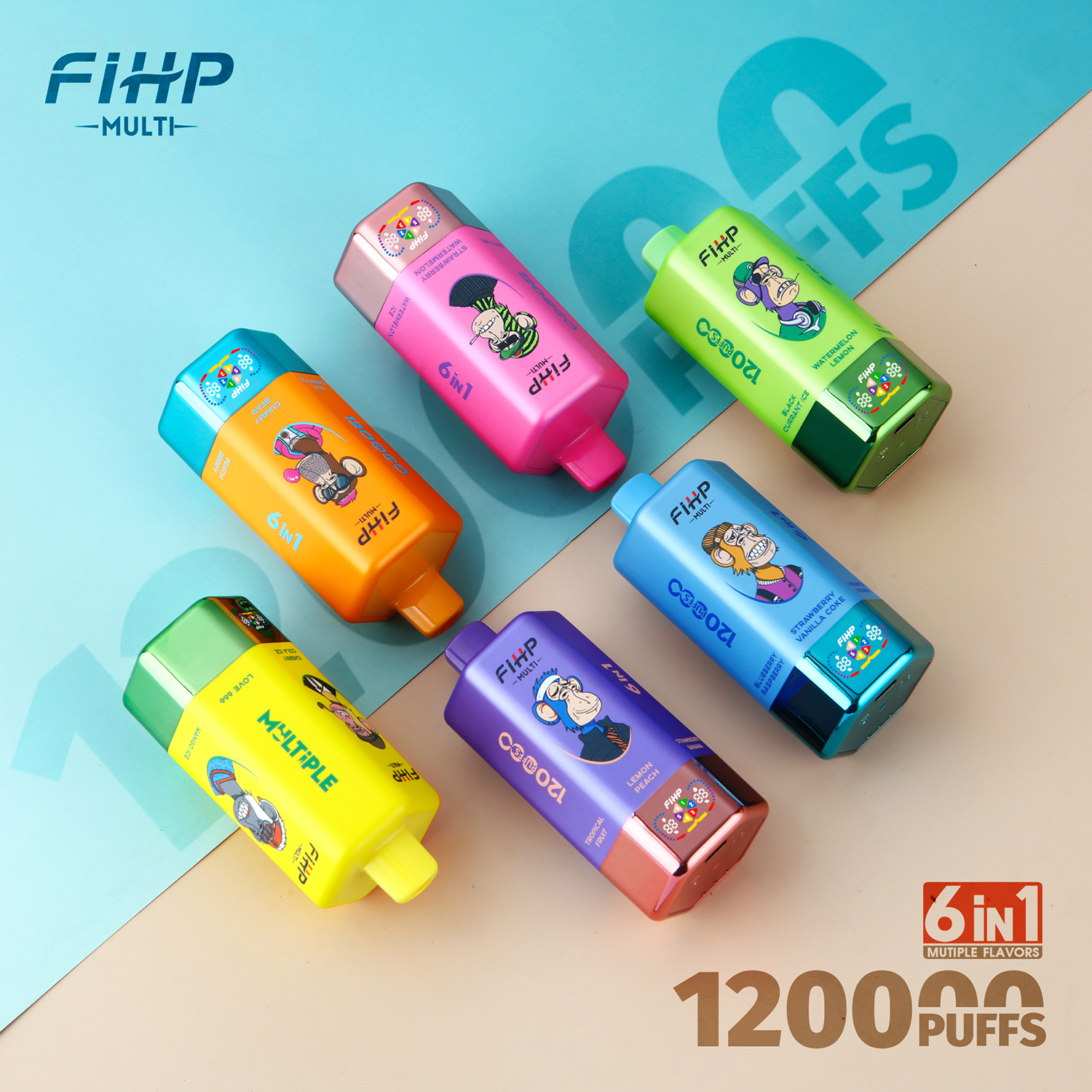 FIHP 120K 6-in-1 120000 Puffs 5% | led screen multi-flavor 64ml high puff count bulk disposable vape - Buysnuseveryday