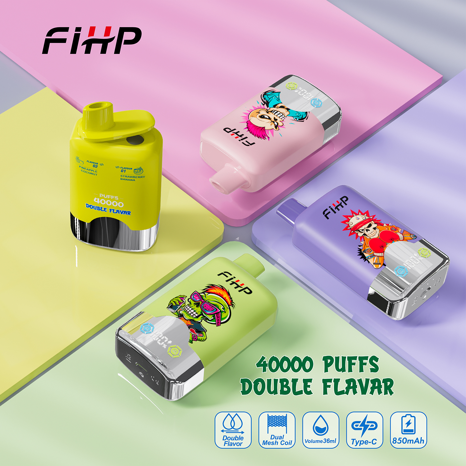 FIHP 40000 Puffs Double Flavors | 5% nicotine, 36mL, LED display, bulk disposable vape - Buysnuseveryday