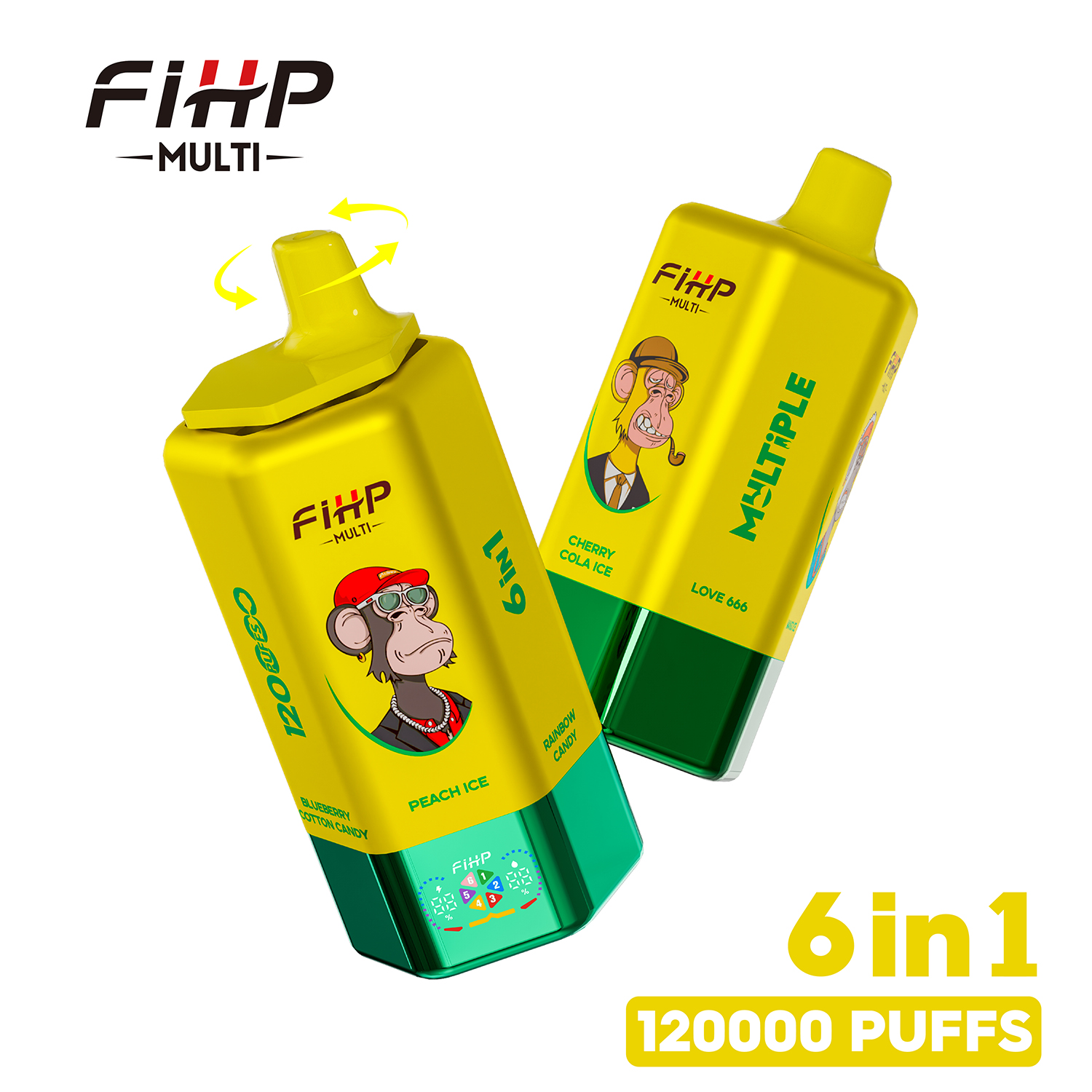FIHP 120K 6-in-1 120000 Puffs 5% | Rainbow Candy&Cherry Cola Ice&Love 666 &Mango Ice&Blueberry Cotton Candy&Peach Ice - Buysnuseveryday